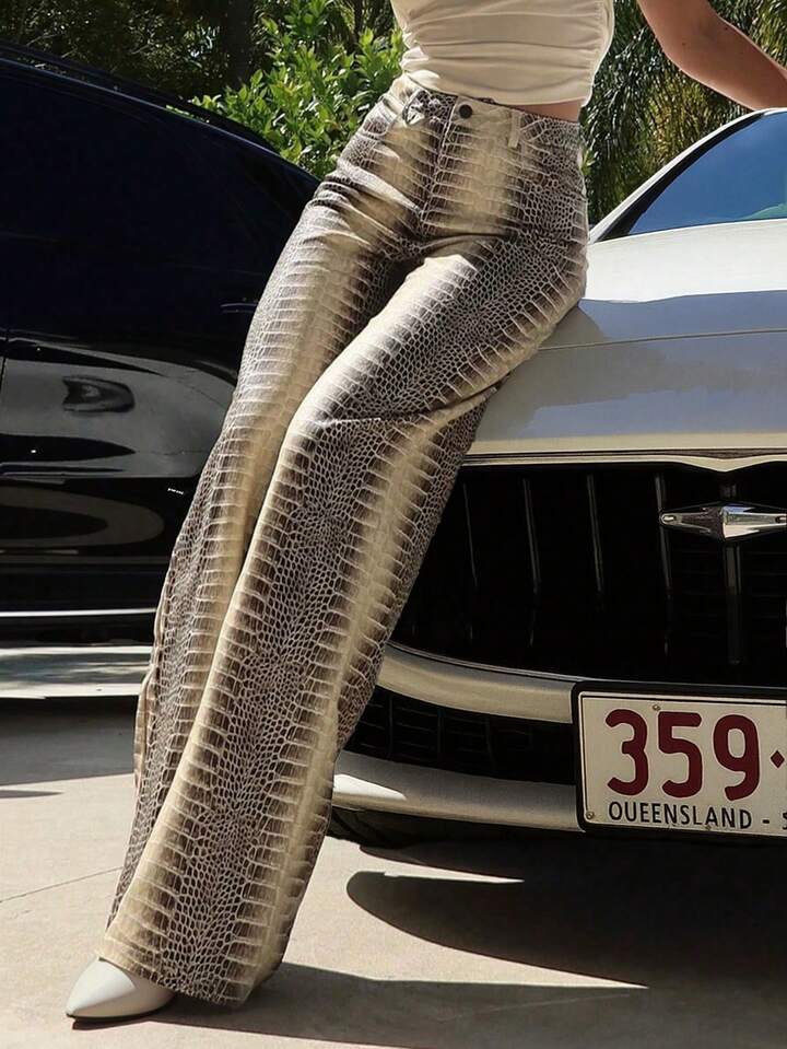 CM-BS361122 Women Casual Seoul Style Mid Waist Snake Print Floral Straight Leg Loose Jeans