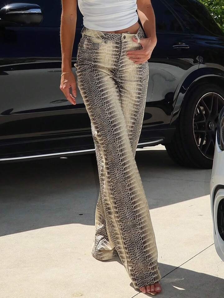 CM-BS361122 Women Casual Seoul Style Mid Waist Snake Print Floral Straight Leg Loose Jeans