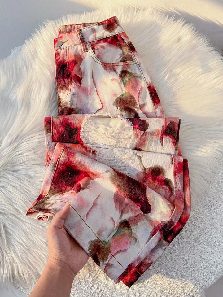 CM-BS864528 Women Casual Seoul Style Low Waist Floral Print Distressed Wide Leg Loose Fit Jeans