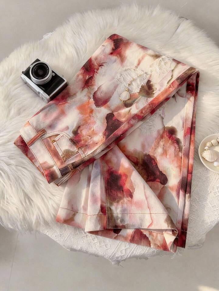 CM-BS864528 Women Casual Seoul Style Low Waist Floral Print Distressed Wide Leg Loose Fit Jeans