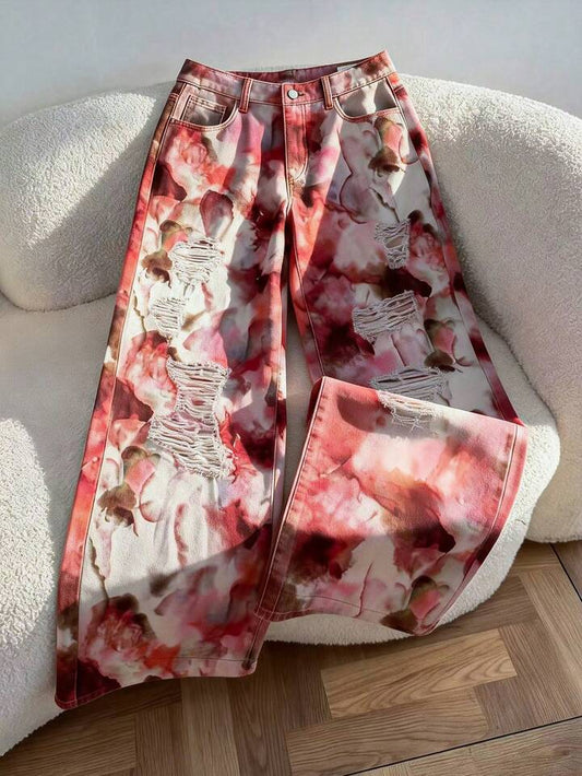 CM-BS864528 Women Casual Seoul Style Low Waist Floral Print Distressed Wide Leg Loose Fit Jeans