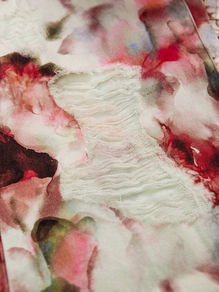 CM-BS864528 Women Casual Seoul Style Low Waist Floral Print Distressed Wide Leg Loose Fit Jeans