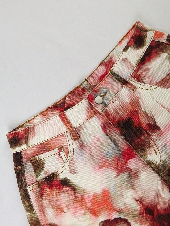 CM-BS864528 Women Casual Seoul Style Low Waist Floral Print Distressed Wide Leg Loose Fit Jeans