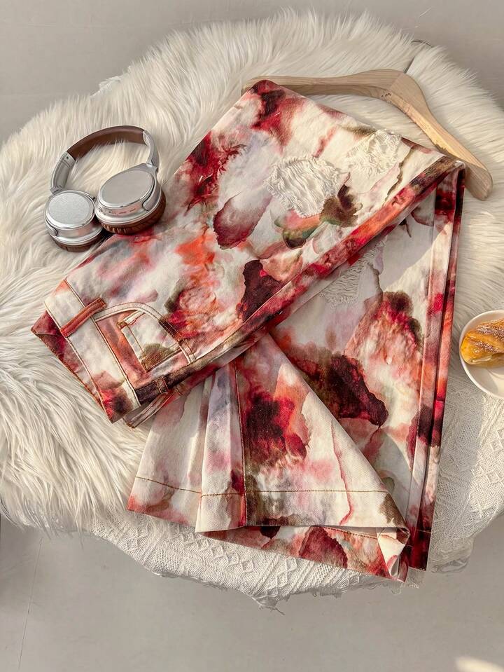 CM-BS864528 Women Casual Seoul Style Low Waist Floral Print Distressed Wide Leg Loose Fit Jeans