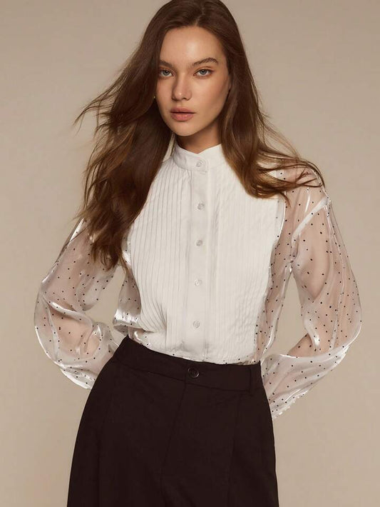 CM-TS199784 Women Elegant Seoul Style Stand Collar Single-Breasted Polka Dot Long Sleeve Pleated Blouse