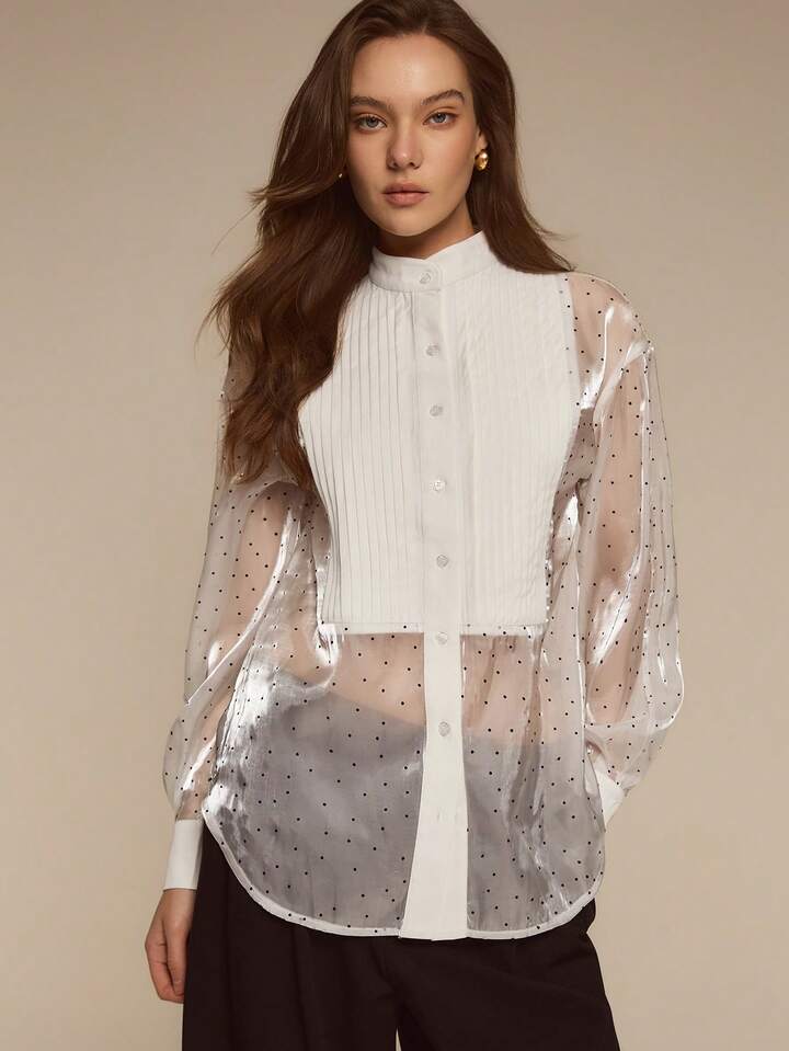 CM-TS199784 Women Elegant Seoul Style Stand Collar Single-Breasted Polka Dot Long Sleeve Pleated Blouse