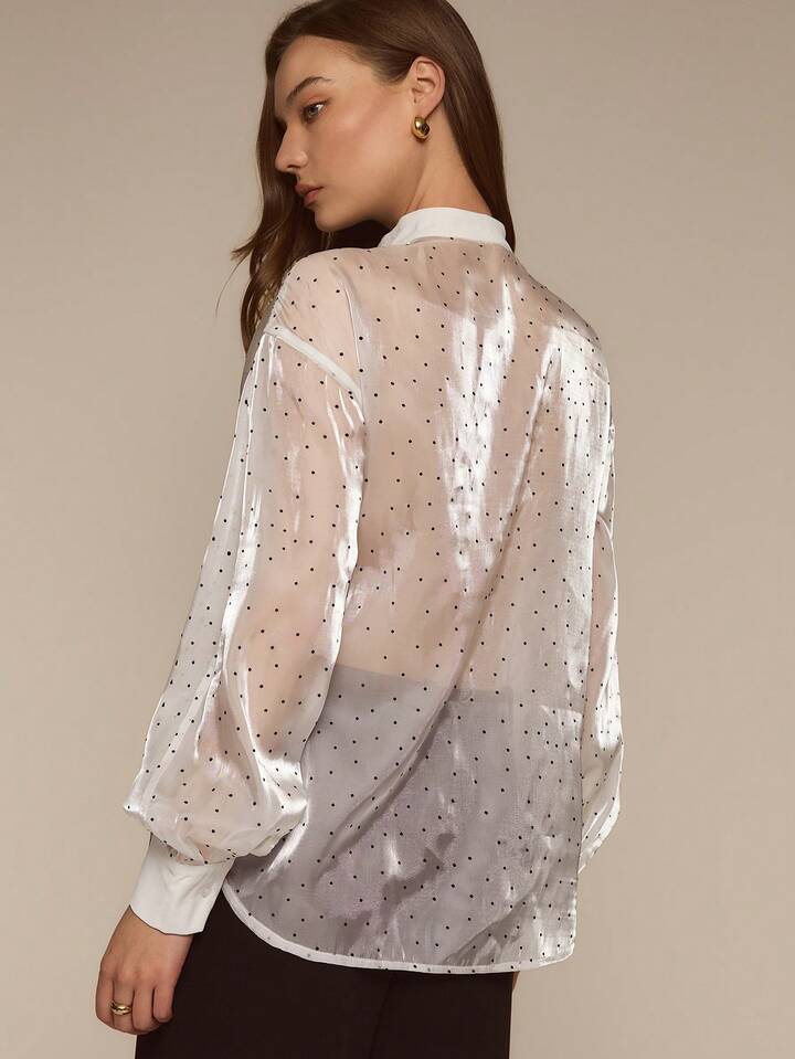 CM-TS199784 Women Elegant Seoul Style Stand Collar Single-Breasted Polka Dot Long Sleeve Pleated Blouse