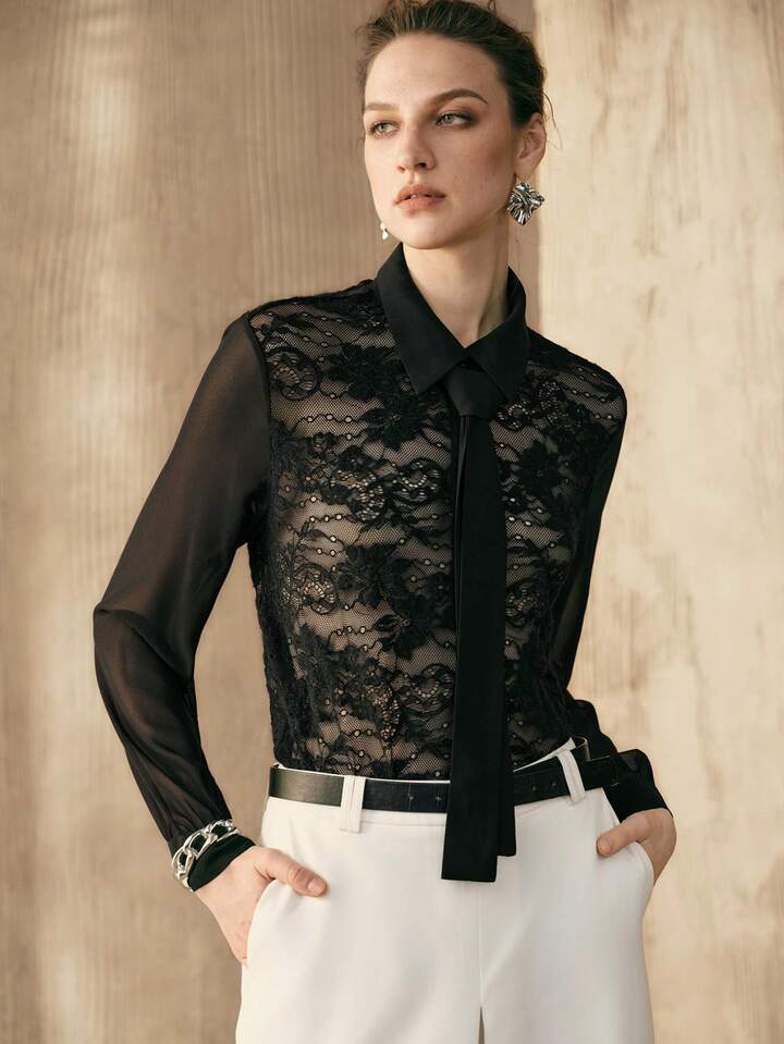 CM-TS151154 Women Elegant Seoul Style Lace Splice Ribbon Design Long Sleeve See Through Blouse - Black