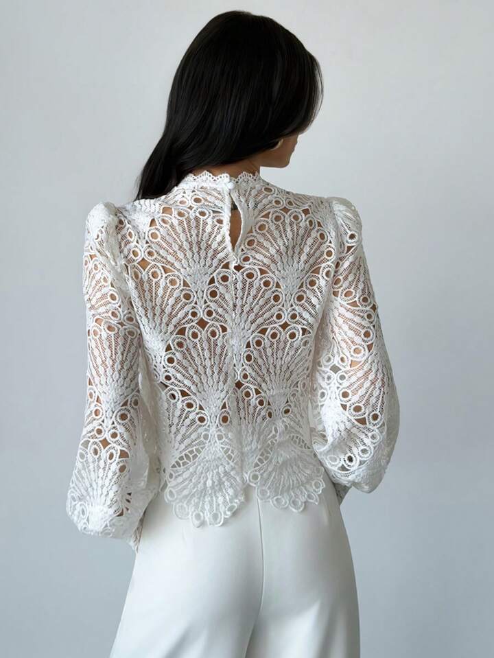 CM-TS777175 Women Elegant Seoul Style Mandarin Collar Lace Sheer Lantern Sleeve Blouse - White
