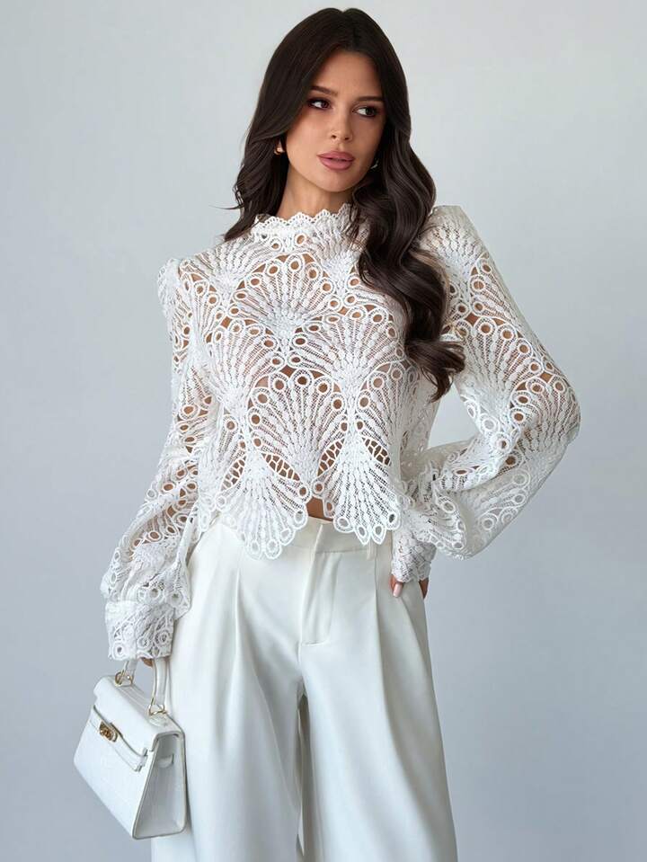 CM-TS777175 Women Elegant Seoul Style Mandarin Collar Lace Sheer Lantern Sleeve Blouse - White