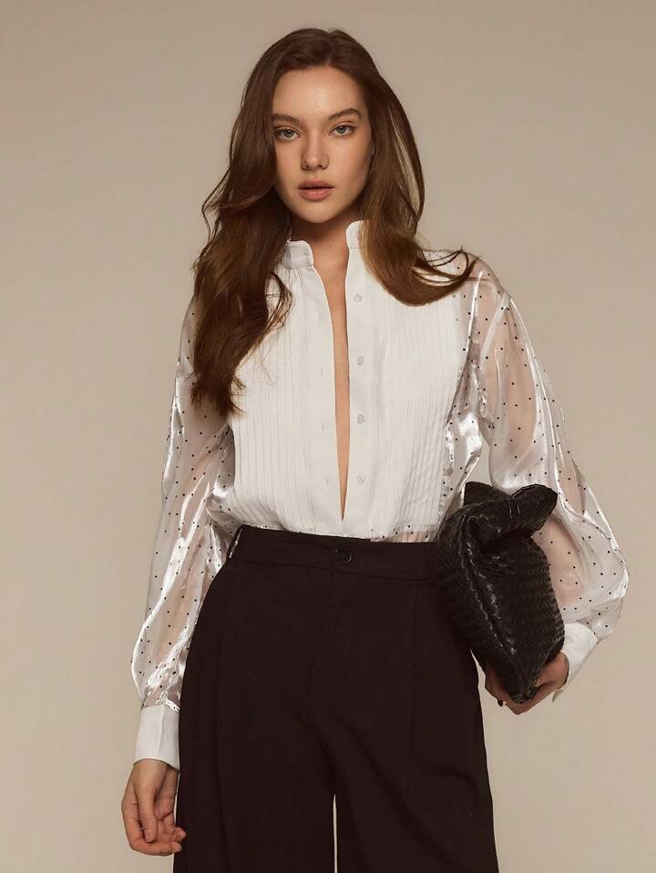 CM-TS199784 Women Elegant Seoul Style Stand Collar Single-Breasted Polka Dot Long Sleeve Pleated Blouse