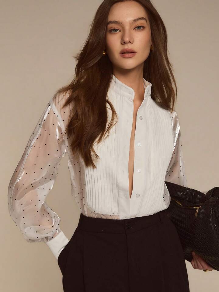 CM-TS199784 Women Elegant Seoul Style Stand Collar Single-Breasted Polka Dot Long Sleeve Pleated Blouse