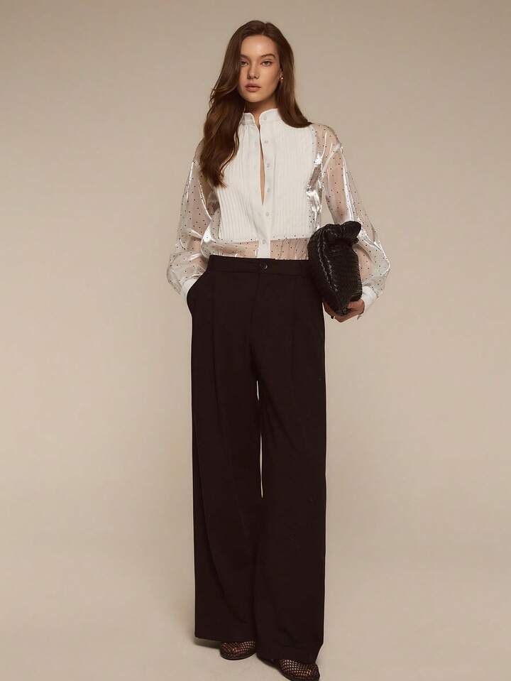 CM-TS199784 Women Elegant Seoul Style Stand Collar Single-Breasted Polka Dot Long Sleeve Pleated Blouse