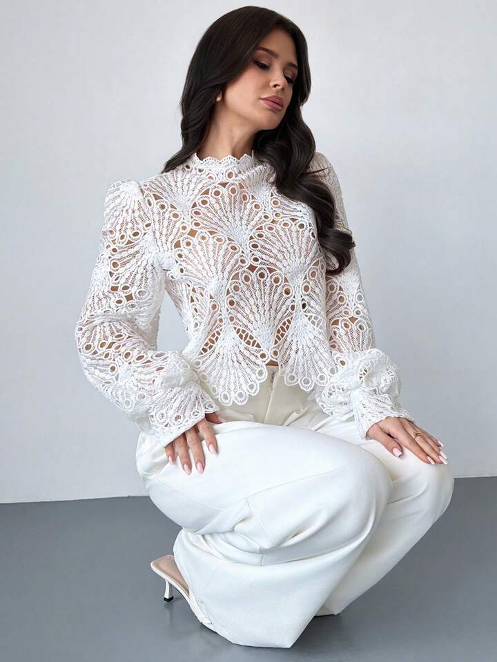 CM-TS777175 Women Elegant Seoul Style Mandarin Collar Lace Sheer Lantern Sleeve Blouse - White
