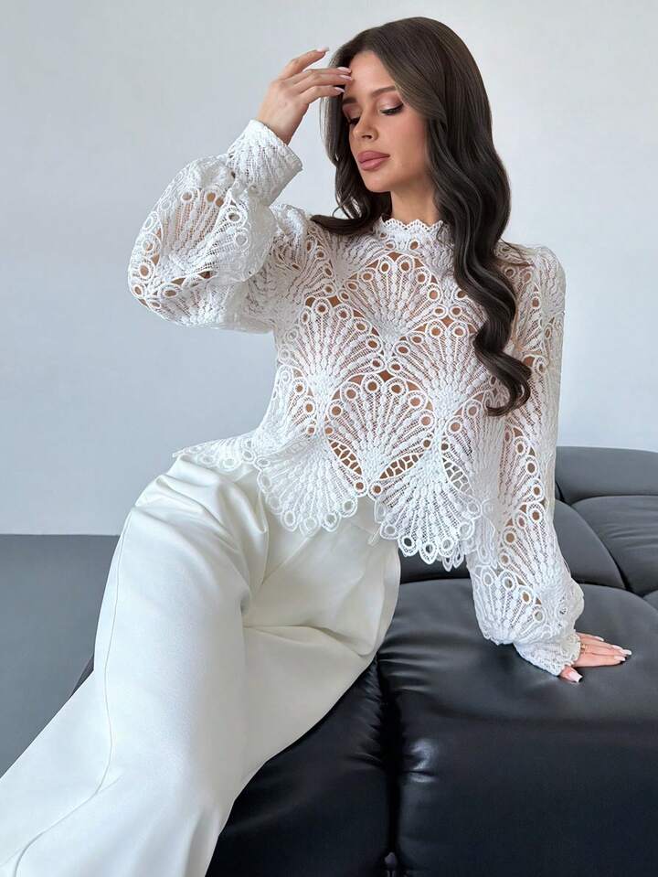CM-TS777175 Women Elegant Seoul Style Mandarin Collar Lace Sheer Lantern Sleeve Blouse - White