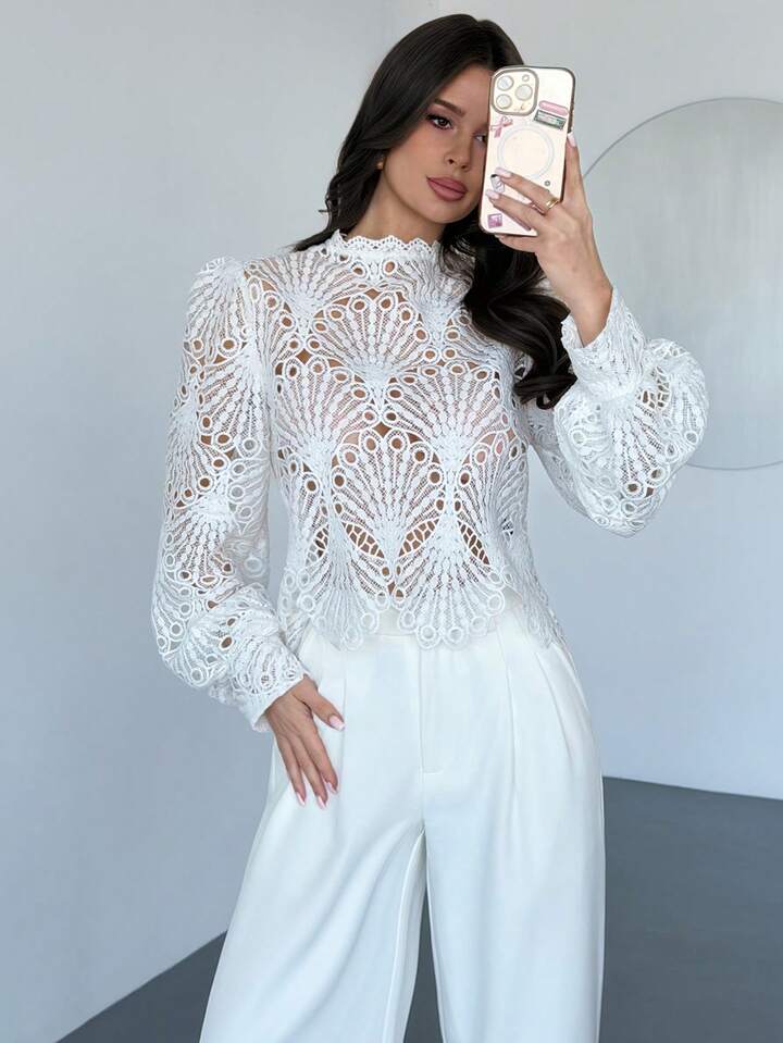 CM-TS777175 Women Elegant Seoul Style Mandarin Collar Lace Sheer Lantern Sleeve Blouse - White
