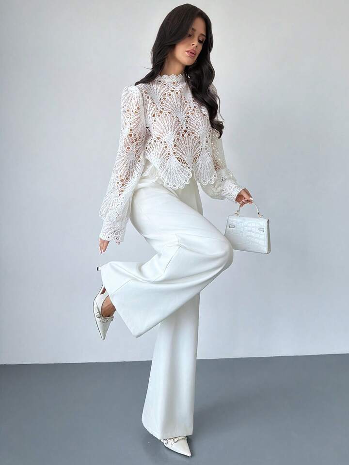 CM-TS777175 Women Elegant Seoul Style Mandarin Collar Lace Sheer Lantern Sleeve Blouse - White