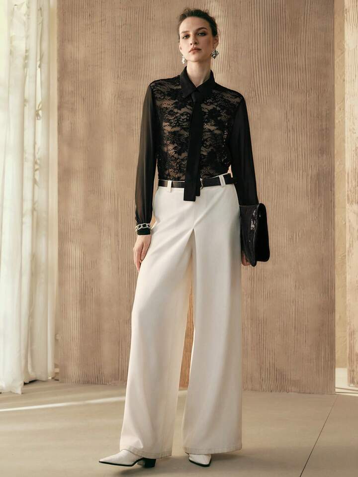 CM-TS151154 Women Elegant Seoul Style Lace Splice Ribbon Design Long Sleeve See Through Blouse - Black