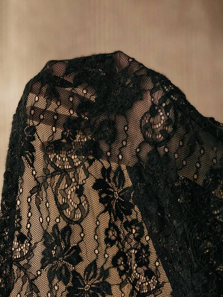 CM-TS151154 Women Elegant Seoul Style Lace Splice Ribbon Design Long Sleeve See Through Blouse - Black