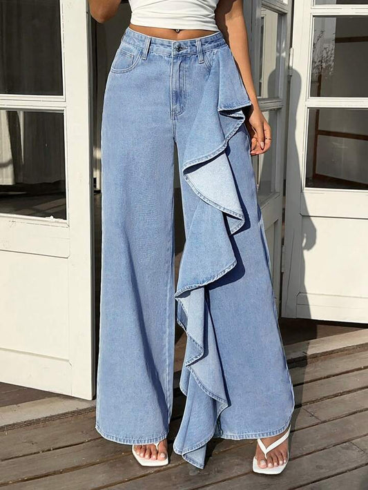 CM-BS803278 Women Casual Seoul Style Mid Waist Washed Ruffle Hem Loose Straight Leg Denim Pants - Blue