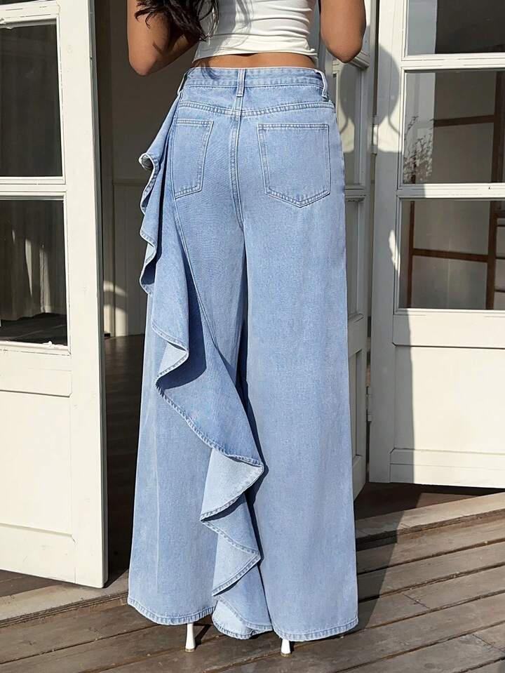 CM-BS803278 Women Casual Seoul Style Mid Waist Washed Ruffle Hem Loose Straight Leg Denim Pants - Blue