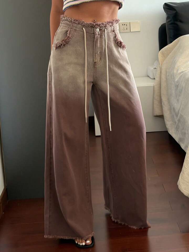 CM-BS615471 Women Casual Seoul Style Mid Waist Frayed Ombre Lace-Up Straight Leg Jeans - Brown