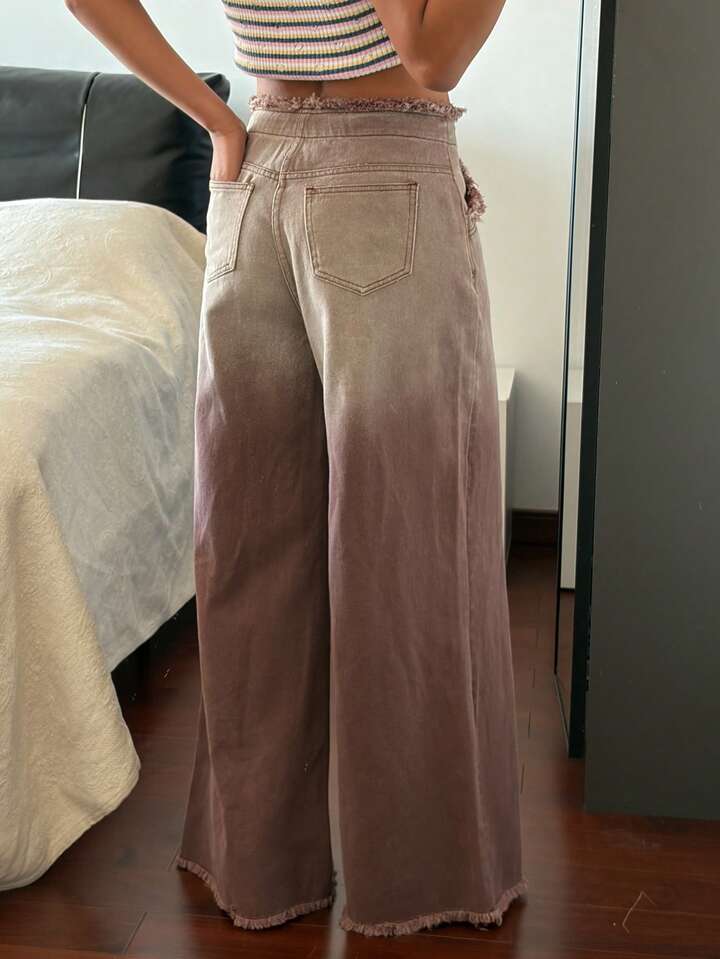 CM-BS615471 Women Casual Seoul Style Mid Waist Frayed Ombre Lace-Up Straight Leg Jeans - Brown