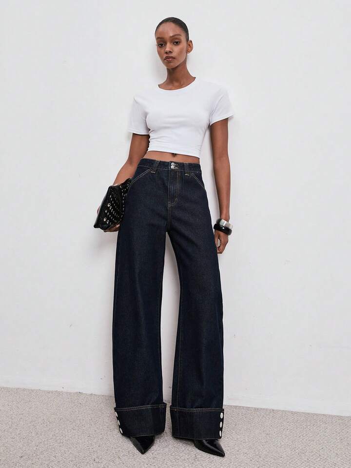 CM-BS282821 Women Casual Seoul Style Solid Color Slant Pocket Versatile Wide Leg Jeans - Blue