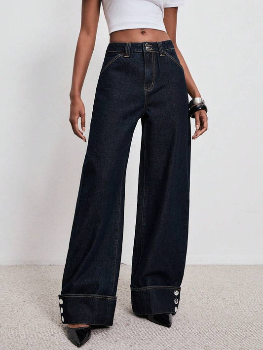 CM-BS282821 Women Casual Seoul Style Solid Color Slant Pocket Versatile Wide Leg Jeans - Blue