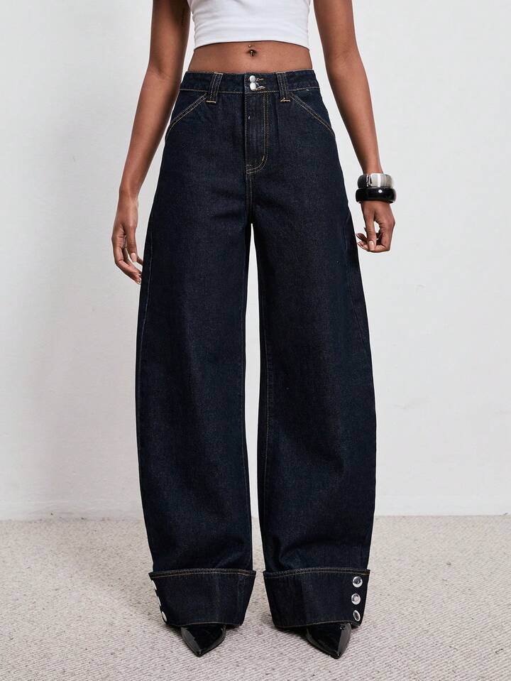 CM-BS282821 Women Casual Seoul Style Solid Color Slant Pocket Versatile Wide Leg Jeans - Blue