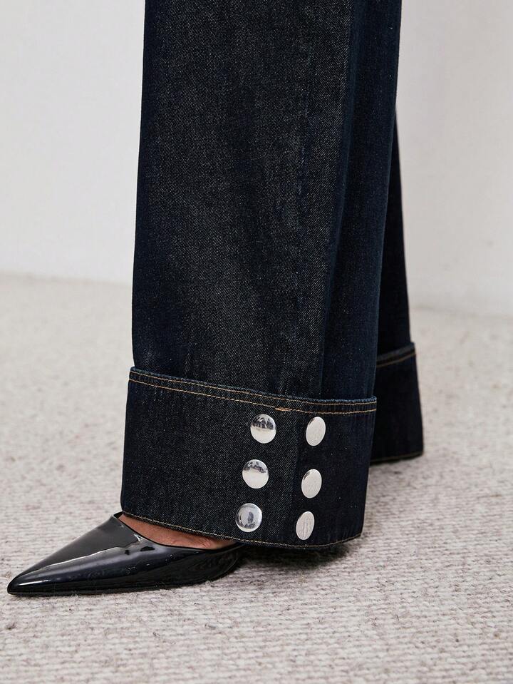 CM-BS282821 Women Casual Seoul Style Solid Color Slant Pocket Versatile Wide Leg Jeans - Blue