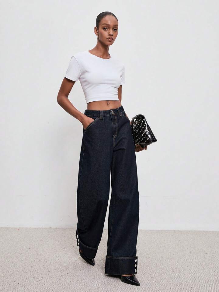 CM-BS282821 Women Casual Seoul Style Solid Color Slant Pocket Versatile Wide Leg Jeans - Blue