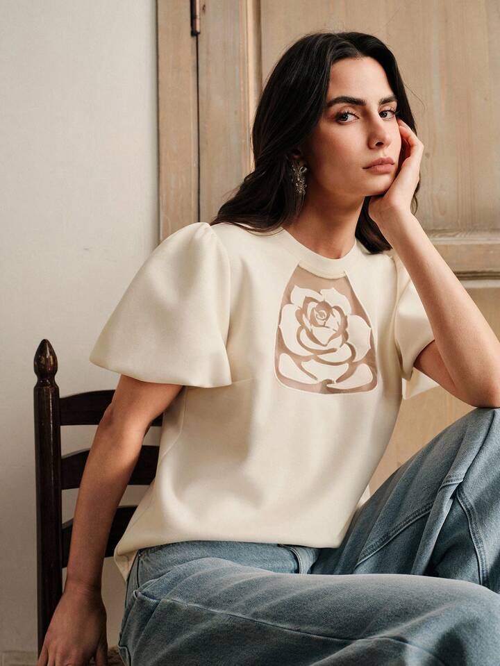 CM-TS660903 Women Elegant Seoul Style Embroidered Rose Round Neck Short Puff Sleeve T-Shirt - Apricot