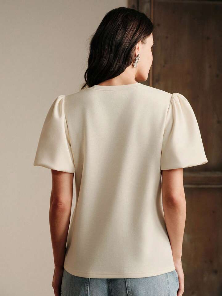 CM-TS660903 Women Elegant Seoul Style Embroidered Rose Round Neck Short Puff Sleeve T-Shirt - Apricot