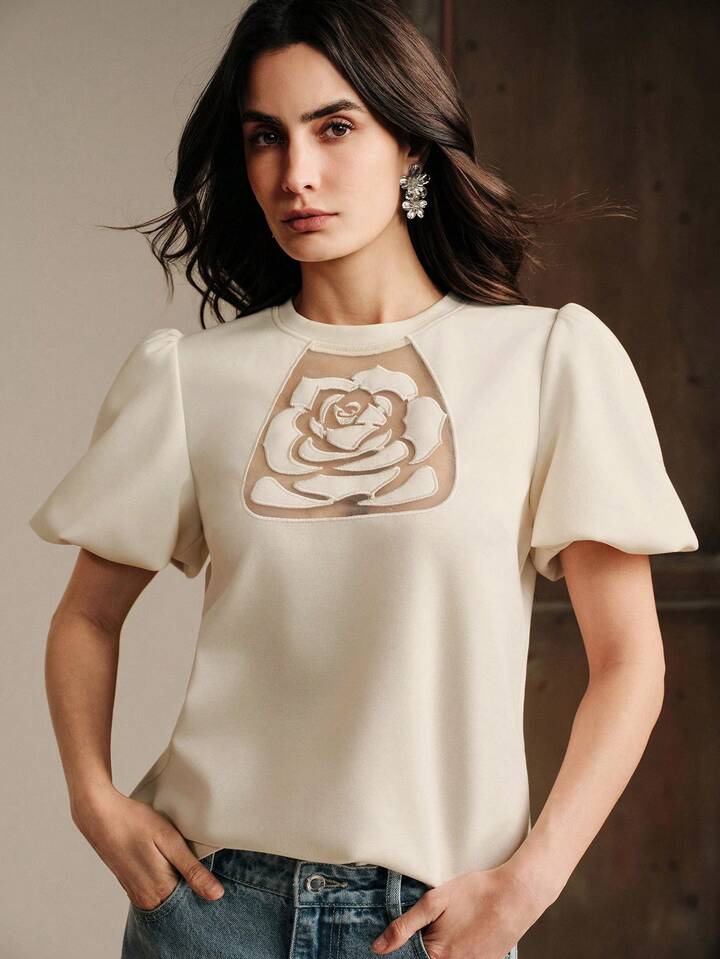CM-TS660903 Women Elegant Seoul Style Embroidered Rose Round Neck Short Puff Sleeve T-Shirt - Apricot