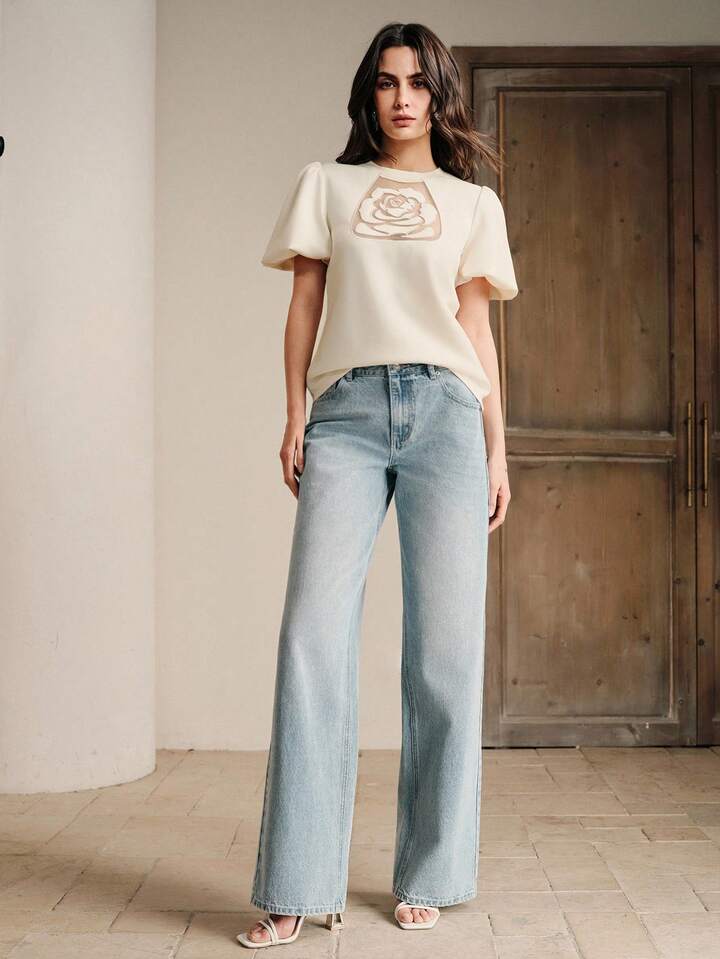 CM-TS660903 Women Elegant Seoul Style Embroidered Rose Round Neck Short Puff Sleeve T-Shirt - Apricot