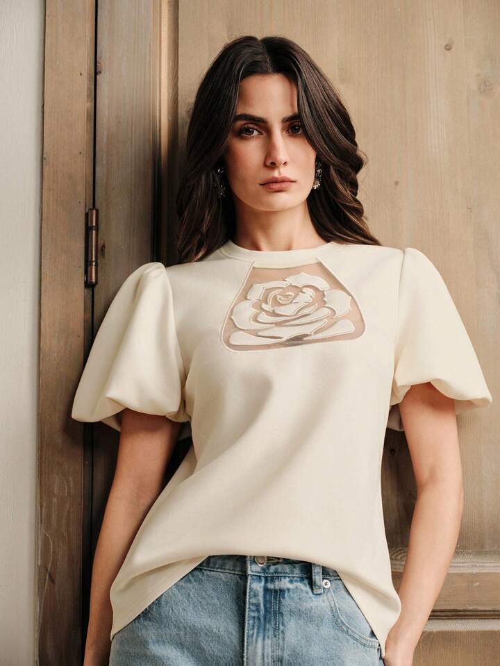 CM-TS660903 Women Elegant Seoul Style Embroidered Rose Round Neck Short Puff Sleeve T-Shirt - Apricot