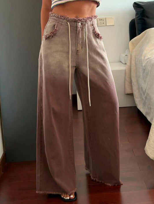 CM-BS615471 Women Casual Seoul Style Mid Waist Frayed Ombre Lace-Up Straight Leg Jeans - Brown