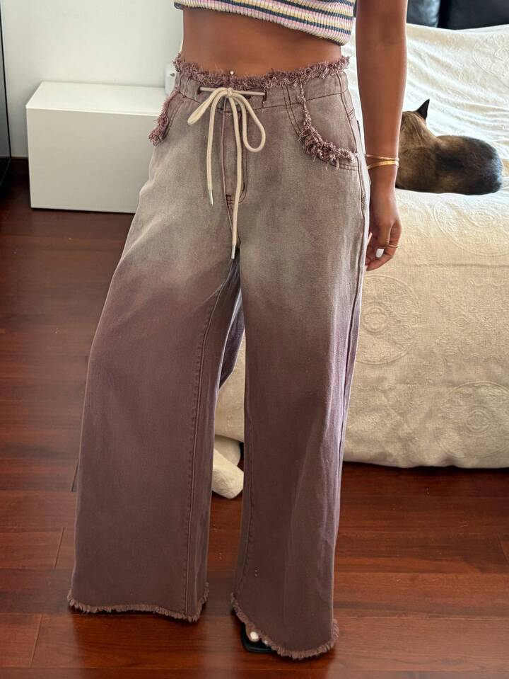 CM-BS615471 Women Casual Seoul Style Mid Waist Frayed Ombre Lace-Up Straight Leg Jeans - Brown