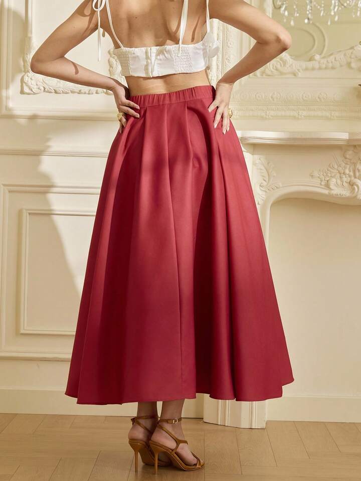 CM-BS841641 Women Elegant Seoul Style Mid Waist Floral Print Oversized Flare Midi Skirt - Red