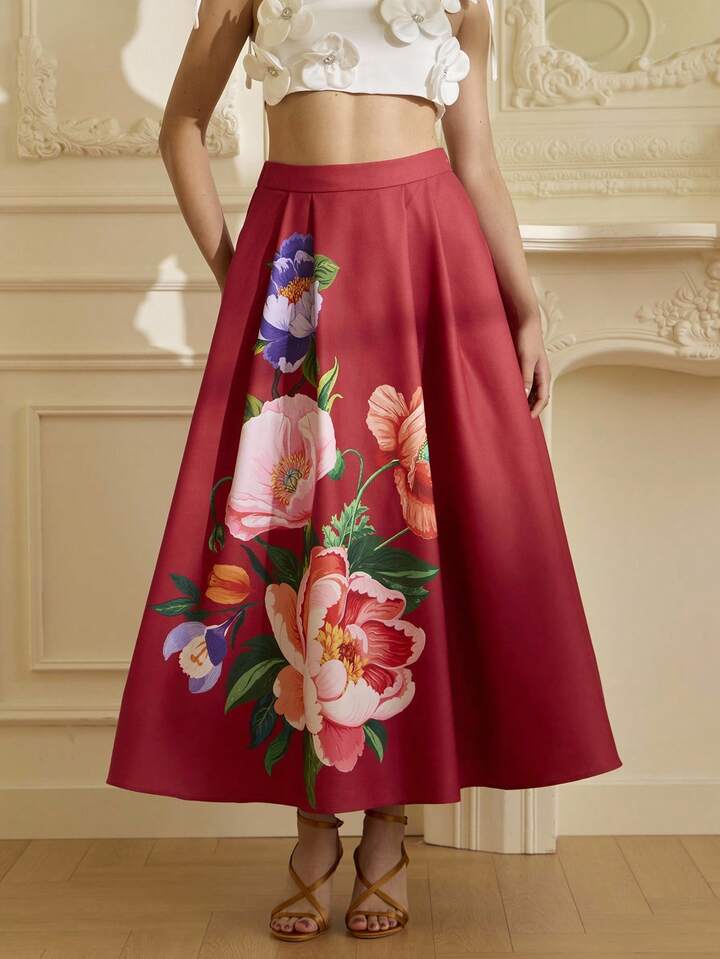 CM-BS841641 Women Elegant Seoul Style Mid Waist Floral Print Oversized Flare Midi Skirt - Red