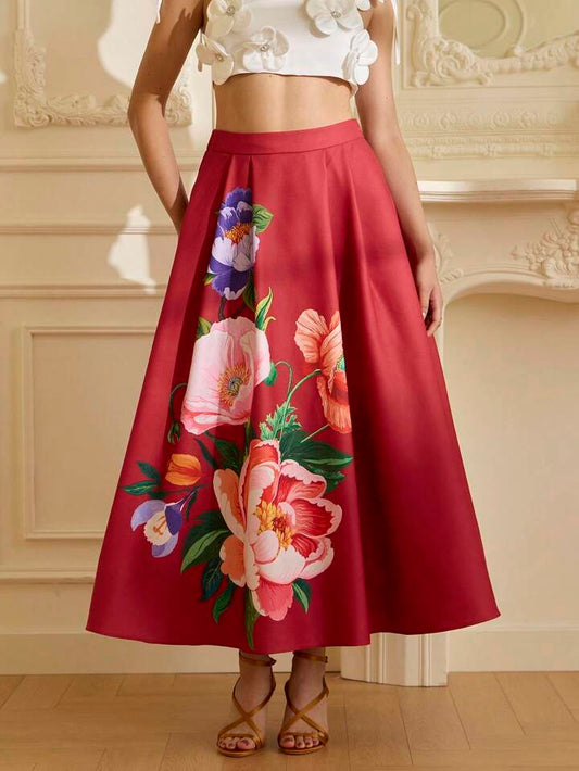 CM-BS841641 Women Elegant Seoul Style Mid Waist Floral Print Oversized Flare Midi Skirt - Red