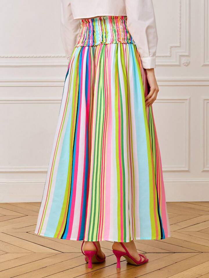 CM-BS350092 Women Casual Seoul Style Colorful Striped Waist Ruched A-Line Printed Midi Skirt