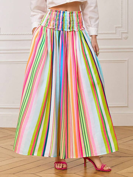 CM-BS350092 Women Casual Seoul Style Colorful Striped Waist Ruched A-Line Printed Midi Skirt