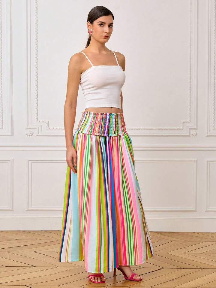 CM-BS350092 Women Casual Seoul Style Colorful Striped Waist Ruched A-Line Printed Midi Skirt