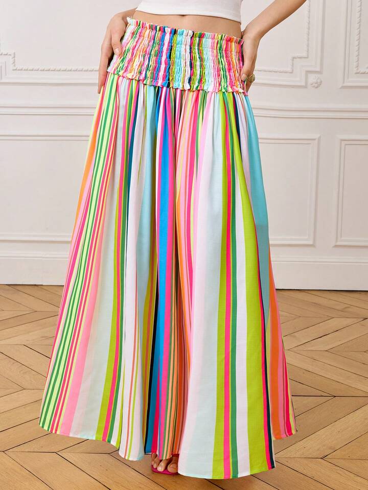 CM-BS350092 Women Casual Seoul Style Colorful Striped Waist Ruched A-Line Printed Midi Skirt