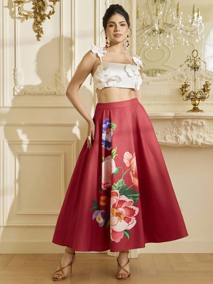CM-BS841641 Women Elegant Seoul Style Mid Waist Floral Print Oversized Flare Midi Skirt - Red