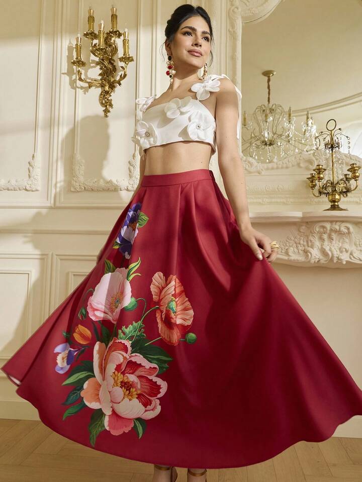 CM-BS841641 Women Elegant Seoul Style Mid Waist Floral Print Oversized Flare Midi Skirt - Red