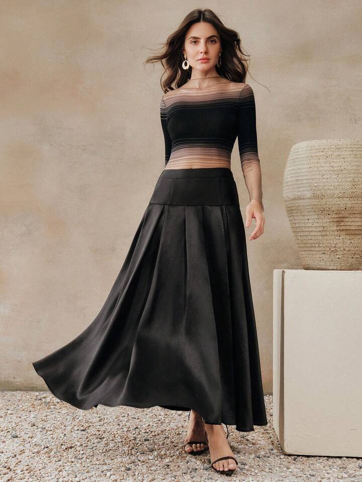 CM-BS435306 Women Eleganyt Seoul Style Loose High Waist A-Line Pleated Skirt - Black