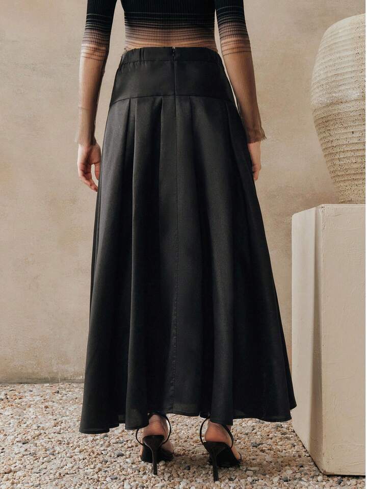 CM-BS435306 Women Eleganyt Seoul Style Loose High Waist A-Line Pleated Skirt - Black